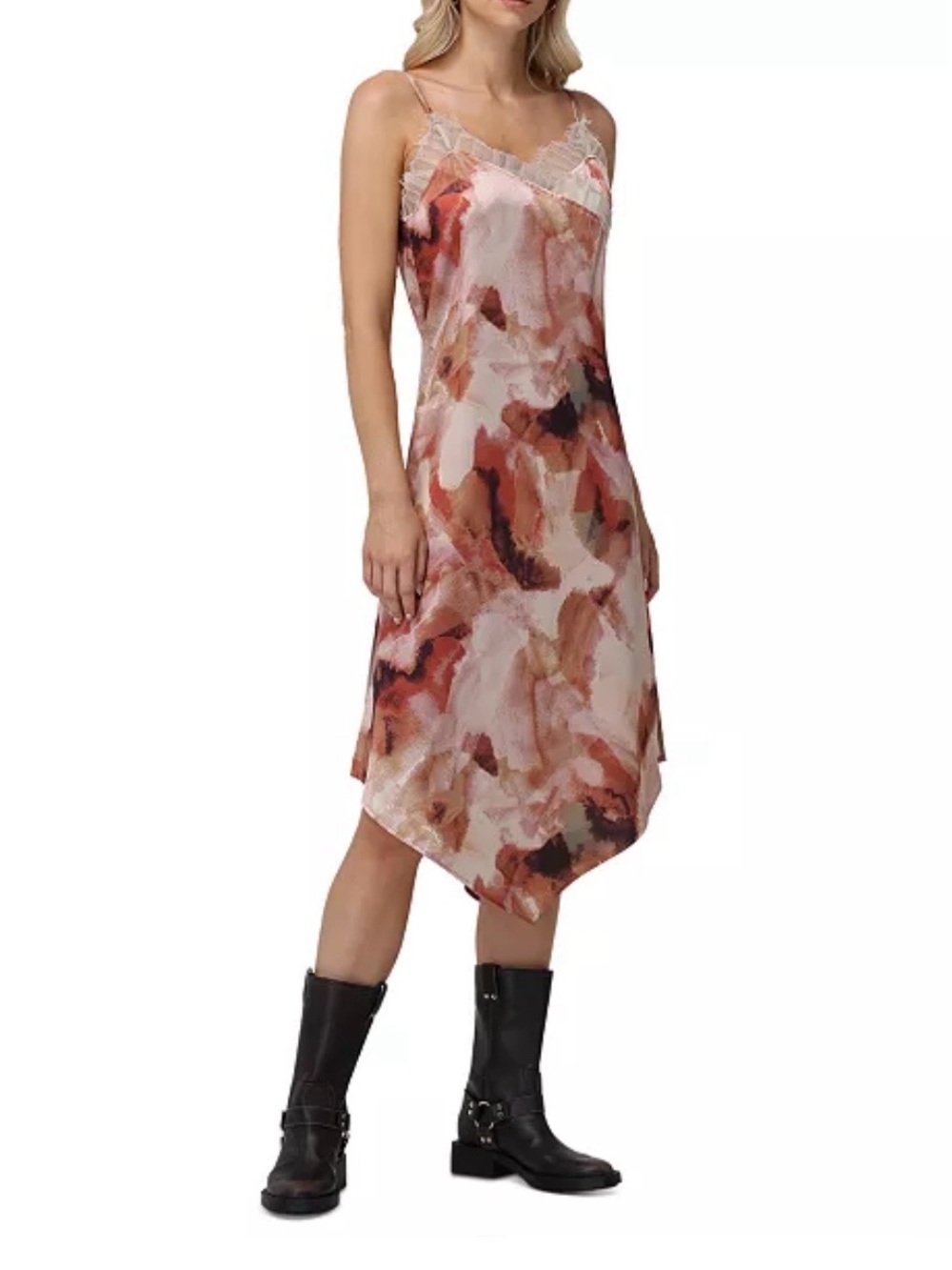 Frye Watercolor Slip Dress with Lace Trim - Pink Multi